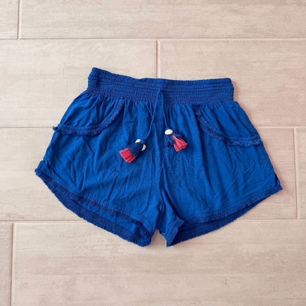 Japna Mini Sleep Shorts Elastic Waistband Fringe Pom-Pom Tassels Blue Medium